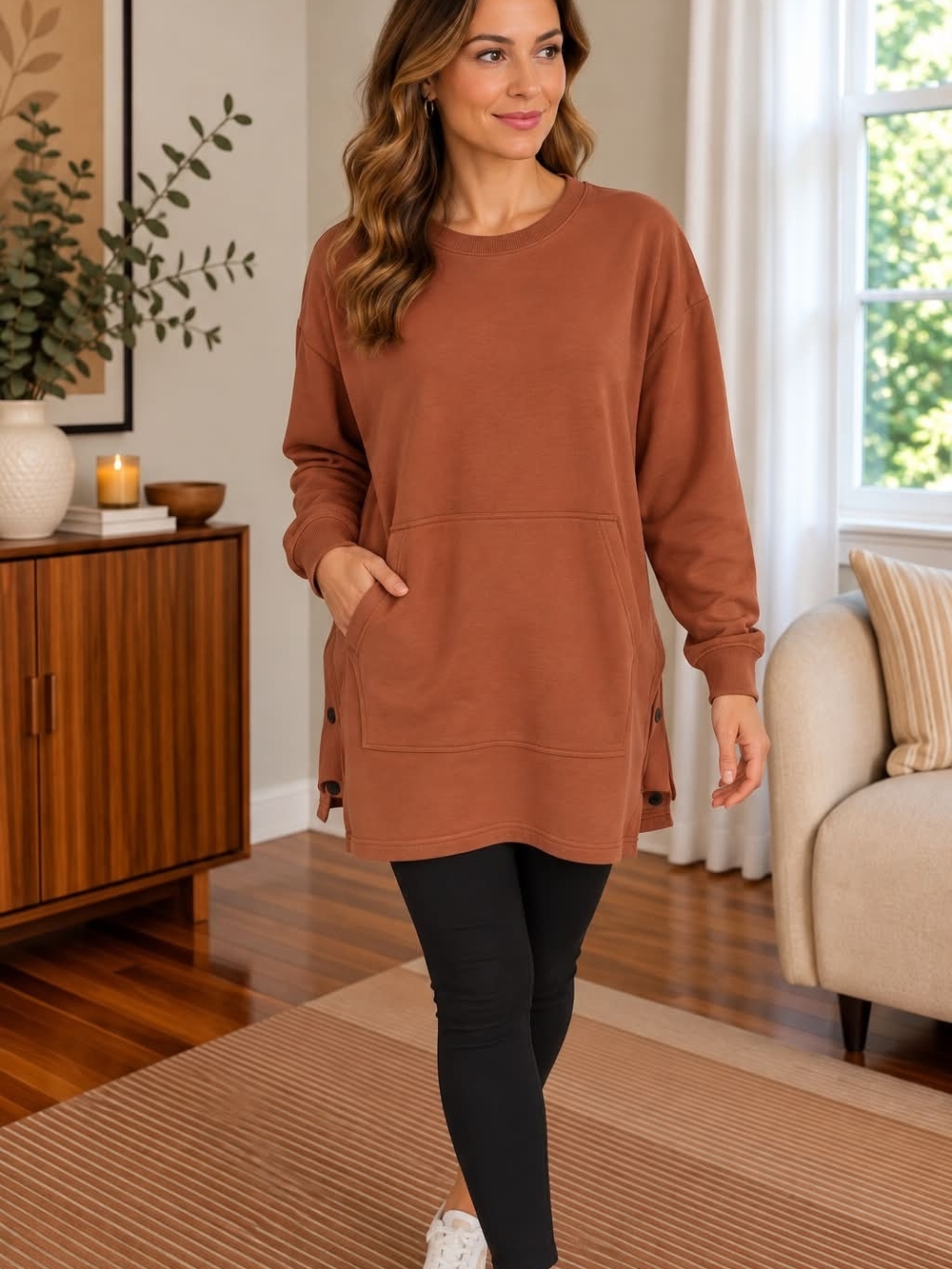 Relaxed Long Sleeve Tunic Sweatshirt in Rust